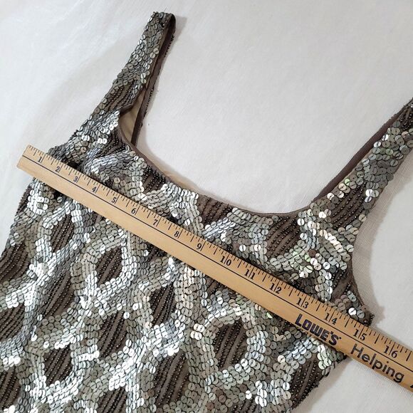 Scala Silk Sequin Beaded Cocktail Dress 2 Silver sheath Lined Sleeveless formal - Picture 10 of 16